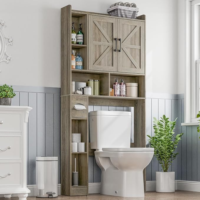 Vabches Over The Toilet Storage Cabinet, Farmhouse Storage Cabinet Over Toilet with 2 Barn Door & Toilet Paper Holder Stand, Home Space-Saving Rack, for Bathroom, Restroom (Grey).