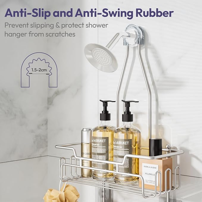 SWTYMIKI Bathroom Shower Caddy Hanging - 3 Tier Rustproof Over Shower Head Organizer, No Drilling Bathroom Shelf with 16 Hooks & Soap Holder, Anti-Swing Rack, Sand Nickel