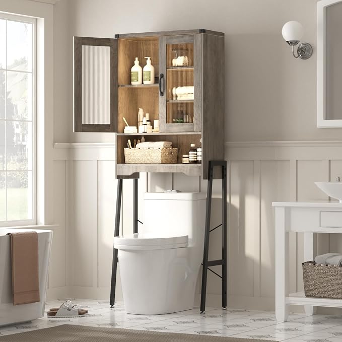 Over The Toilet Storage Cabinet with Tempered Glass Doors and Adjustable Shelf, Bathroom Organizer with Metal Stand Space Saver Over Toilet , Modern Toilet Rack for Bathroom, Restroom, Laundry, Grey