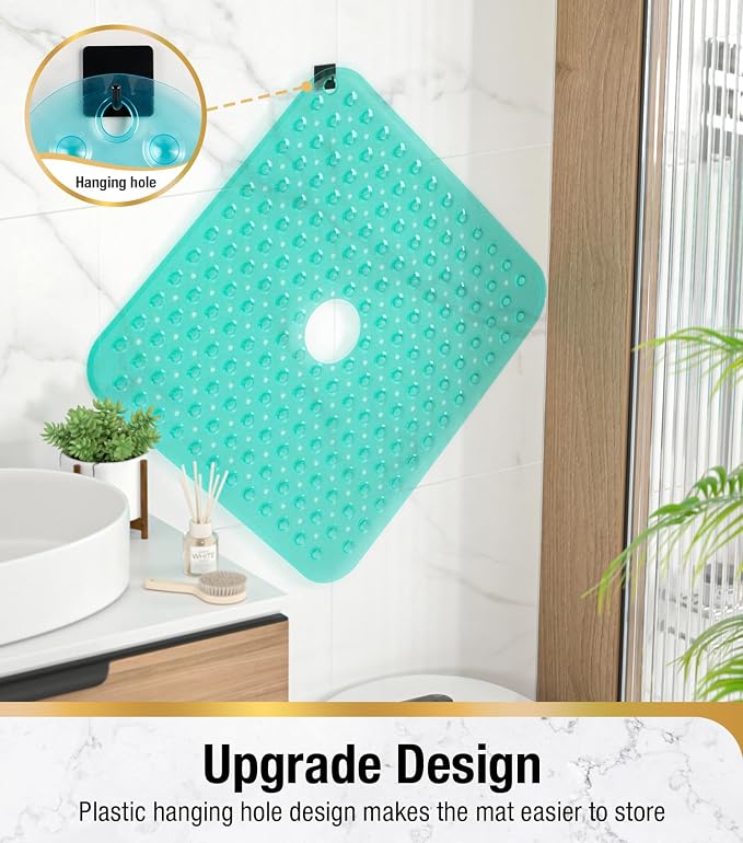 HITSLAM Shower Bathtub Mat Non Slip, 24"x 24" Bath Mat for Tub, Soft PVC Shower Mats for Inside Shower with Suction Cups and Center Drain Hole, Machine Washable Bathroom Floor Mat, Green