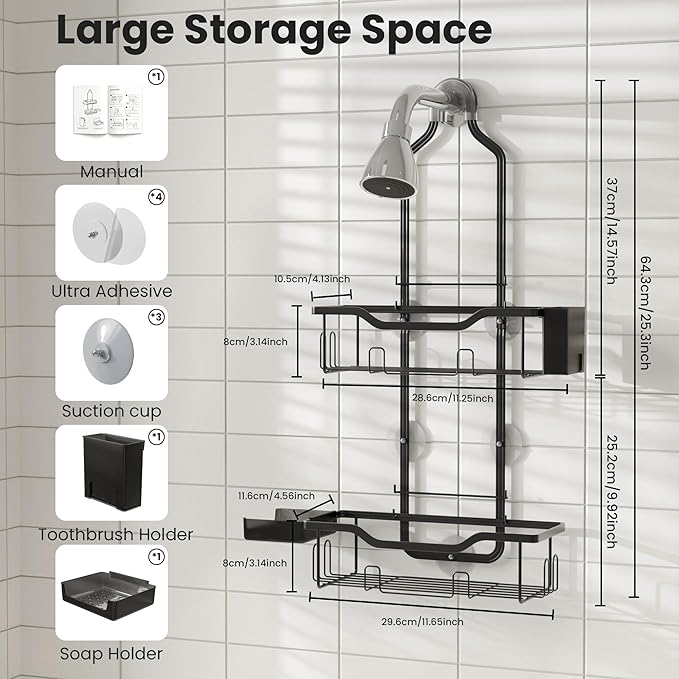 Shower Caddy Hanging 2-Tier Shower Organizer for Tall Showerhead,Rustproof Over Shower Head Rack,No Drill Bathroom Shower Caddy with Soap Dish,Toothbrush Holder and Hooks, Black