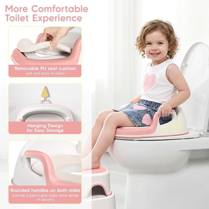 Potty Training Seat with Step Stools, Maliton Potty Training Toilet for Toddlers Girls with Splash Guard, Anti-Slip Toddler Stool for Bathroom, One Potty Seat and 2 in 1 Step Stool for Kids (Pink)