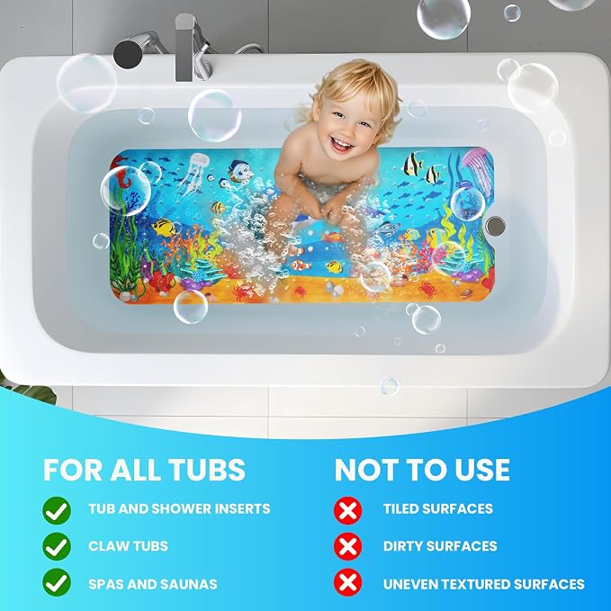 Baby Bath Tub Mat, 40 x 16 Inch Extra Large Non Slip Kids Cartoon Bathtub Shower Mats with Suction Cups & Drain Holes, Machine Washable for Bathroom, Undersea Dolphin