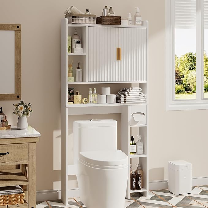 knoworld Fluted Over The Toilet Storage Cabinet, Above Toilet Bathroom Organizer with Toilet Paper Holder, Modern Behind Toilet Cabinet, Space Saver for Restroom, Bathroom, Laundry, White