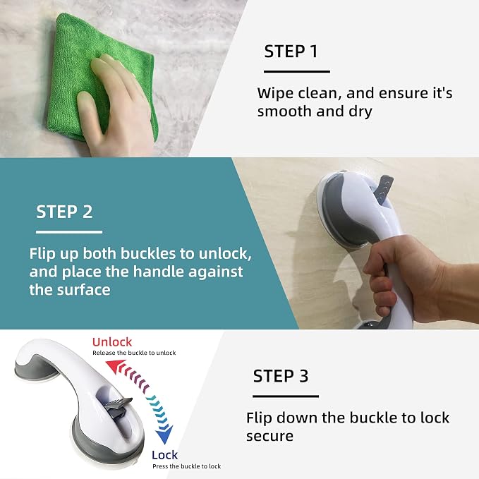 2 Pack Heavy-Duty Shower Grab Bars - Gemroom 16.5 Inch Grey Suction Bar Handles for Elderly, Seniors, Handicap, Safety Balance Assist Grip for Bathroom, Toilet - Anti-Slip, Shower Handles Hand Rail