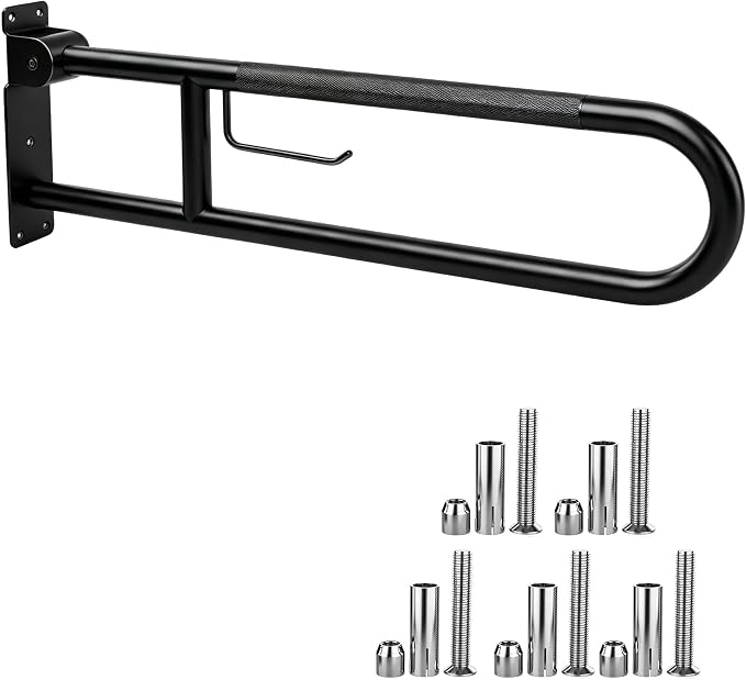 30.3 Inch Toilet Grab Bar, HUAS Black Anti Slip Bathroom Toilet Safety Rails, U Shaped Flip-Up Handicap Grab Bars w/Paper Holder, Stainless Steel Support Handrail for Elderly Disabled Senior