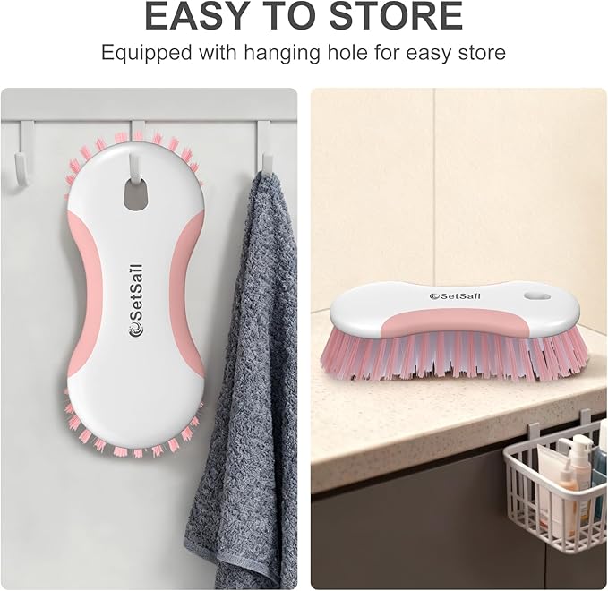 SetSail Multi-Purpose Scrub Brush of 2 Pack, Stiff Bristles Cleaning Brush with Non-Slip Grip Heavy Duty Scrub Brushes for Cleaning Bathroom Kitchen Tile Bathtub Sink, Pink