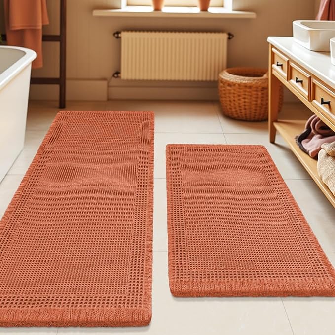 Upgrade Waffle Bath Mat Set 2 Piece, Boho Bathroom Rugs Absorbent Non Slip, Ultra Soft Bathroom Mat, Machine Washable Knit Bath Rugs with Border for Bathroom, Bedroom, Kitchen, Shower, Burnt Orange
