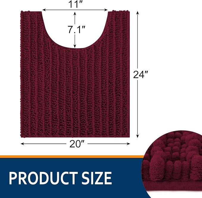 Smiry Bathroom Toilet Rugs U Shaped 24x20, Extra Soft Absorbent Non Slip Rubber Backing Chenille Contour Bath Rugs for Toilet, Machine Washable Contoured Bath Mats, Burgundy