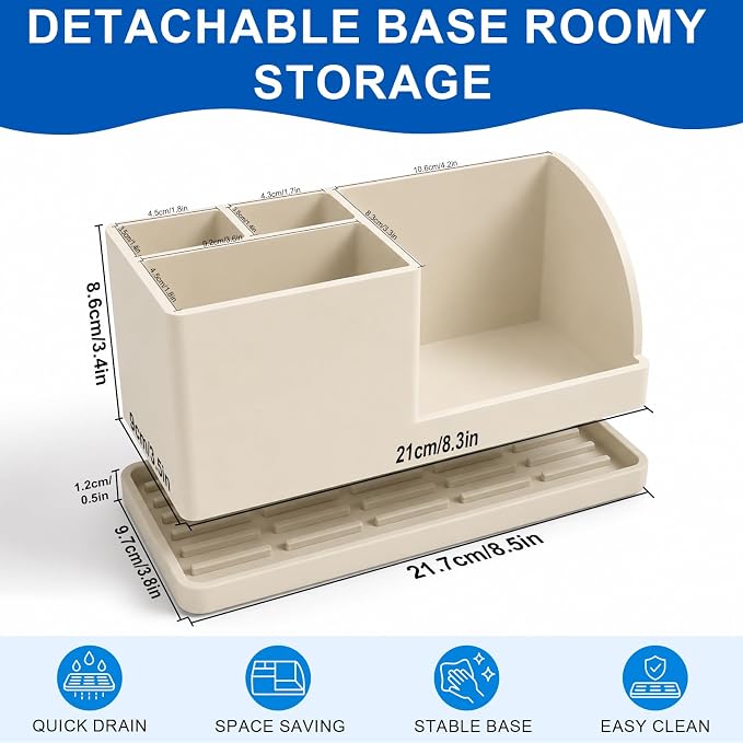 Bathroom Toothbrush Holders, 4 Slots Silicone Counter Organizer Storage Beige, Detachable Anti-Slip Vanity Organizer for Electric Toothbrush, Toothpaste & Phone