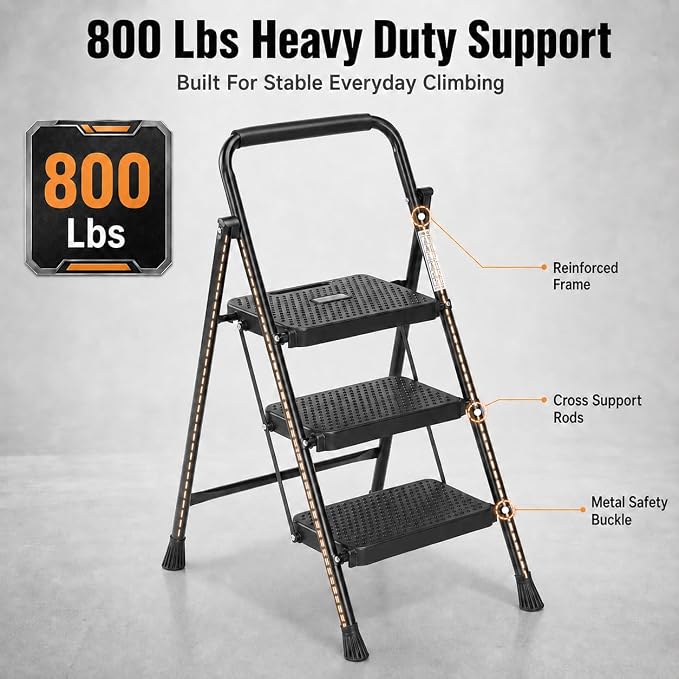 Simple Deluxe 3-Step Ladder, Heavy Duty, 800 lbs, Dark Brown Metal, Ready to Use, Foldable, Space-Saving, Non-Slip, Wide Platform