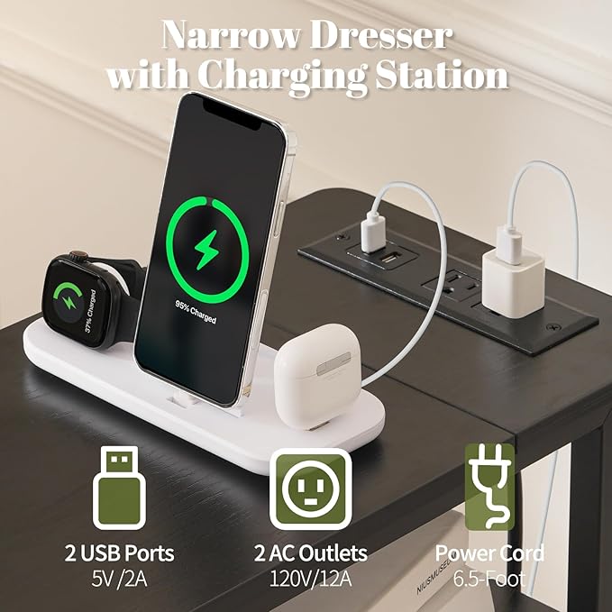 Yoobure LED Narrow Nightstand with Charging Station - Slim Dresser for Bedroom Narrow Side Table Storage Cabinet, Small Dressers Chest of Drawers, Tall Skinny Night Stand End Table for Small Spaces