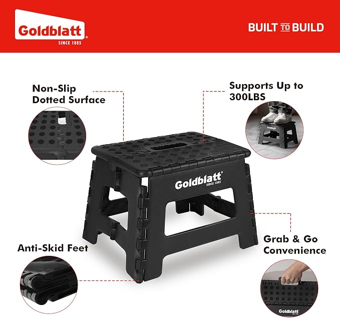 Goldblatt 8.5" Folding Step Stool for Adults and Kids, Lightweight Heavy-Duty Plastic Portable Foldable Stool with Non-Slip Top and Anti-Skid Feet, 300 lbs Capacity, Kitchen & Bathroom, Black