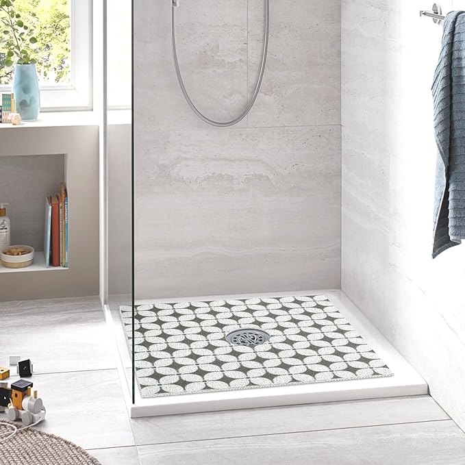 Square Shower Mat Non Slip: 32 x 32 Inch Extra Large Shower Mats with Drain Hole in Middle - PVC Loofah Anti Slip Shower Floor Matt for Inside Shower