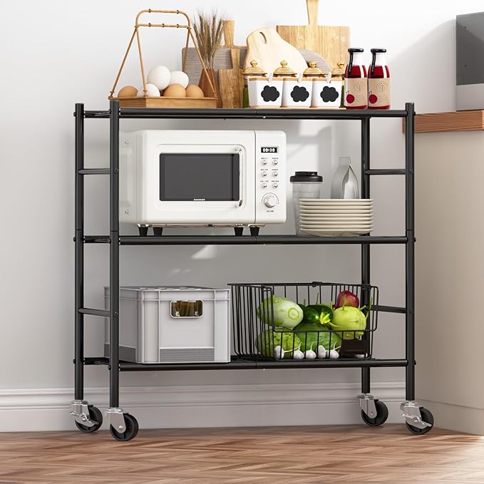 Sakugi Storage Shelves Organizer - 3 Tier Metal Shelf Organizer with Metal Wheels and Adjustable Leveling Feet, Heavy Duty Garage Shelving for Kitchen, Pantry and Closet, 33.1"x12.6"x32.5", Black