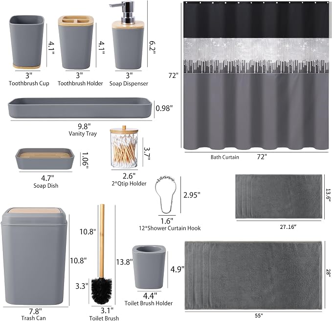 Bathroom Accessory Set – Bathroom Set with Glitter Shower Curtain, Towel Set,24 Piece Grey Shower Curtain, Bathroom Accessories Set with Shower Curtain Set for Home Decor