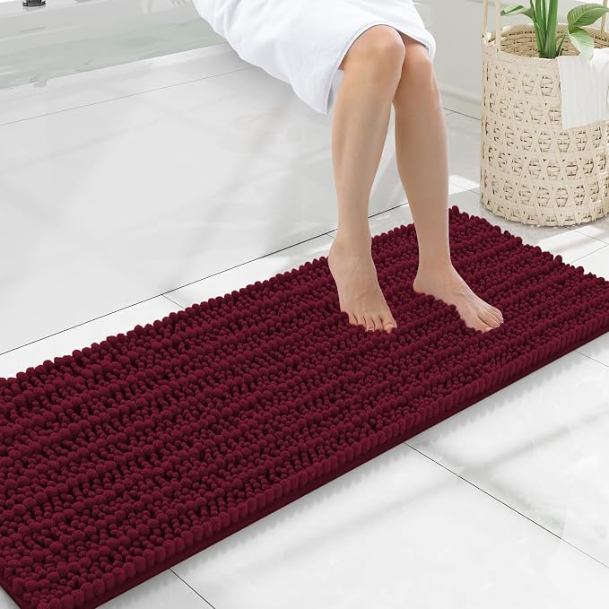 Smiry Bathroom Rugs Mat 47x17, Extra Soft Absorbent Chenille Bath Rugs, Non Slip Rubber Backing Machine Washable Quick Dry Bath Mats for Bathroom Floor, Tub, Shower, Home Decor Accessories, Burgundy
