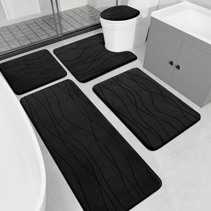 YIHOUSE Memory Foam Bathroom Rug Sets, Black, 5 Piece | Ultra Soft, Absorbent, Non-Slip, Machine Washable