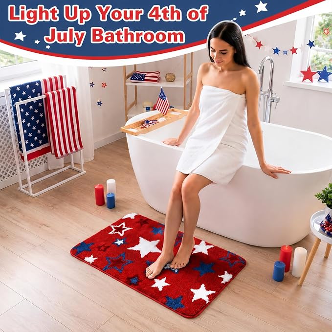 Capoda 1 Pcs Patriotic Bathroom Rug 20 x 30 Inch 4th of July Star Bath Mat Non-Slip Soft Microfiber 4th of July Shower Rug for Independence Day Home Kitchen Bathroom Entrance Decor(Star, Red Blue)