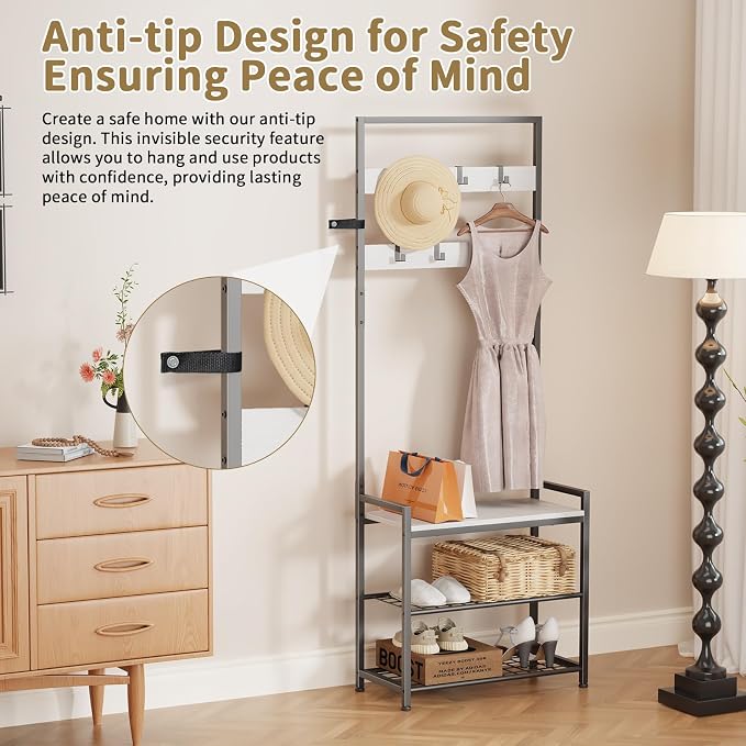 Hall Tree with Shoe Storage Bench - Entryway Bench with Coat Rack and Hooks - 3-in-1 Small Hall Tree for Entry Way, Entrance, Hallway, Doorway, Front Door, Mudroom, Small Space - Rustic Brown