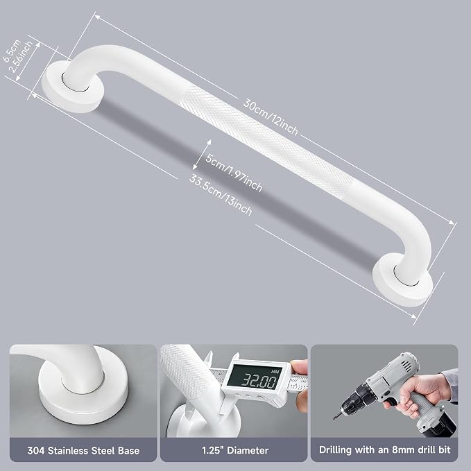 12 Inch Shower Grab Bar 1.25" Dia, 2 Pack White Anti Slip Bathroom Grab Bar, 304 Stainless Steel Knurled Handicap Grab Bars, Safety Support Handrail,Bath Shower Handle for Elderly Injury Senior
