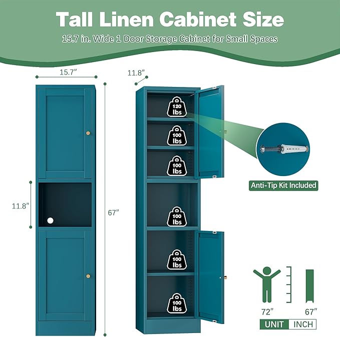 Bevivog Metal Kitchen Pantry Cabinet for Small Space, 67" Tall Storage Cabinets with 2 Doors and Adjustable Shelves, Freestanding Narrow Bathroom Cabinet, 15.7" W Slim Pantry