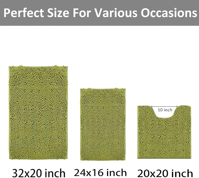 Lime Green Bathroom Rug Set - Extra Soft 3 Piece Anti-Slip Bath Mats, Plush Chenille Shaggy Mat for Living Room, Bedroom, Floor - Water Absorbent Soft Rug