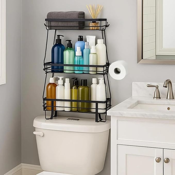 ShellKingdom Over The Toilet Storage Shelf, 3 Tier Toilet Paper Holder Stand Shelves, Punch-Free Bathroom Storage Rack with Hooks, Small Space Organizers for Bathroom, Home, Countertop, Black
