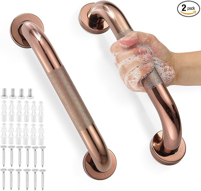 Grab Bars for Shower, Zynuhmo 2 Pack 12 Inch Anti Slip Stainless Steel Bathroom Safety Shower Grab Bar Handrails for Handicap Injury Pregnant Senior Assist Shower Handles(Rose Gold, 1.25" Diameter)