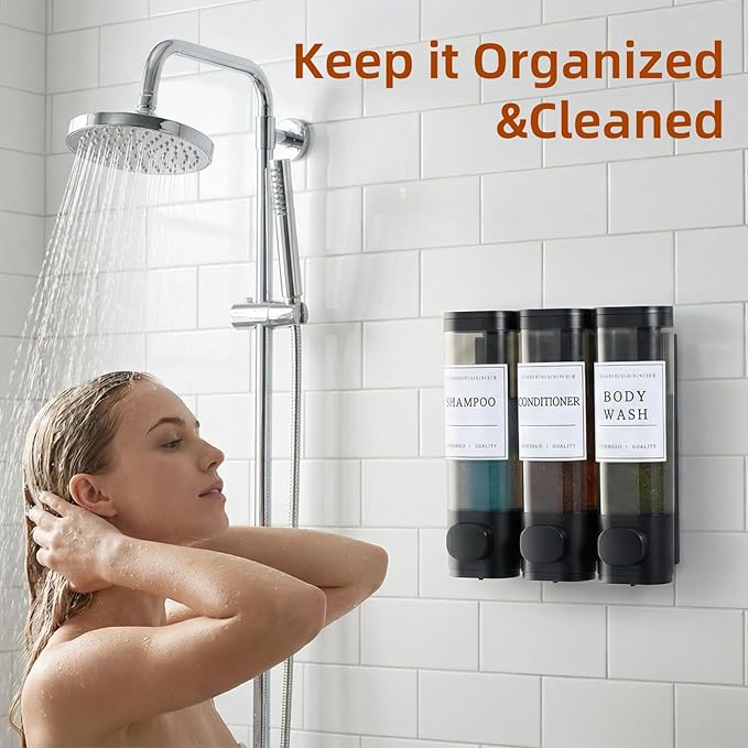 Shampoo and Conditioner Dispenser,Shower Soap Dispenser 3 Chamber No Drill Wall-Mounted Shampoo Dispenser for Shower Wall Mounted Shower Dispenser for Bathroom Hotel Large Capacity,Matte Black