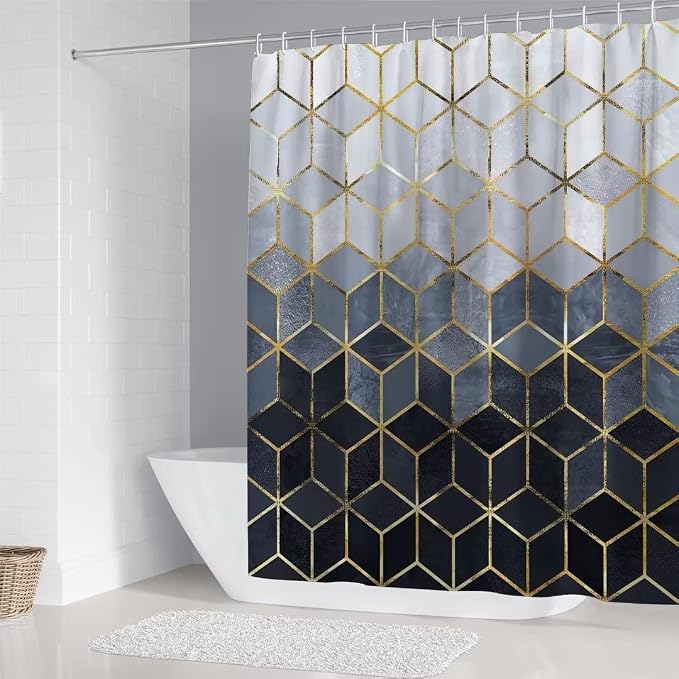 LQCOOL 4Pcs Blue Gradient Shower Curtain Set Modern Geometric Shower Curtain Set Golden Cubic Lines Bathroom Set (Blue)…