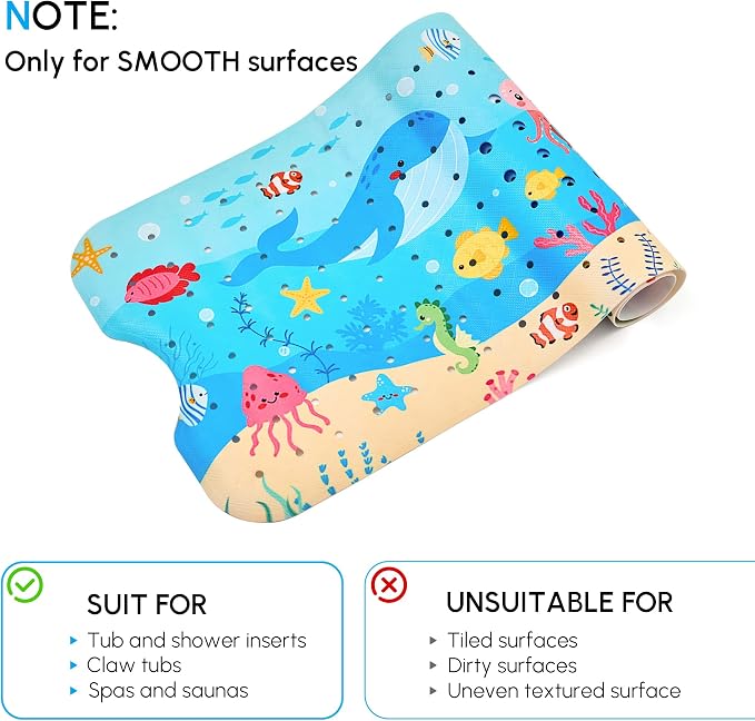 Vannokor Baby Bath Mat for Tub Non Slip Kids, 40 X 16 Inch Extra Long Bathtub Mat with Drain Holes and Suction Cups, Anti Slip Shower Mat Machine Washable, Whale