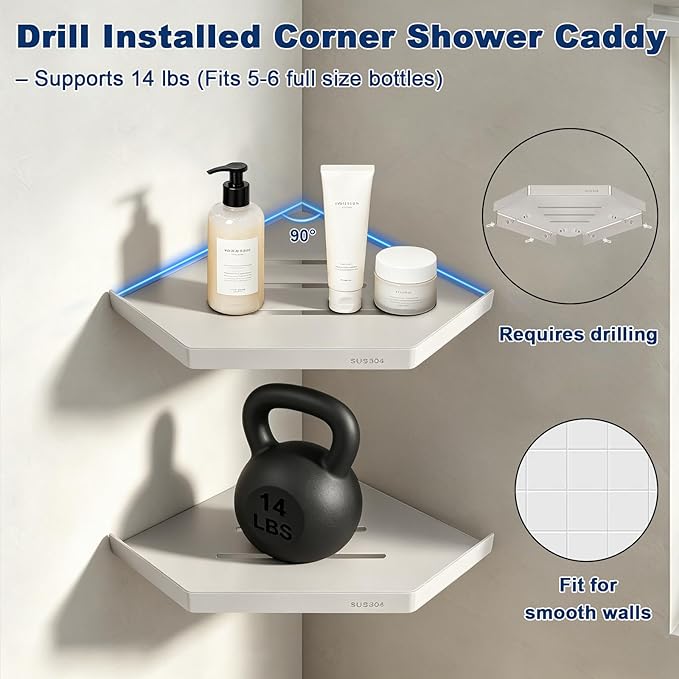 NearMoon Bathroom Shower Caddy 2 Pack, 304 Stainless Steel Shower Organizer, Screw Mounted (Diamond Corner Shelf, Chrome Finish)