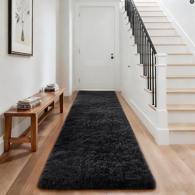 Ophanie Runner Rug for Hallway, 3x8 Washable Non-Slip Fluffy Soft Bedside Rugs, Bedroom Living Room Shaggy Carpet for Kids Girls Boys Dorm Nursery Home Decor Aesthetic, Black