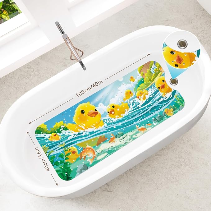SHUCHING Yellow Duck Baby Bath Mat for Tub Non Slip-40 X 16Inch, Kids Bathtub Mat Anti Slip, Toddler Long Shower Mat for Bathroom Mold Free, Machine Washable