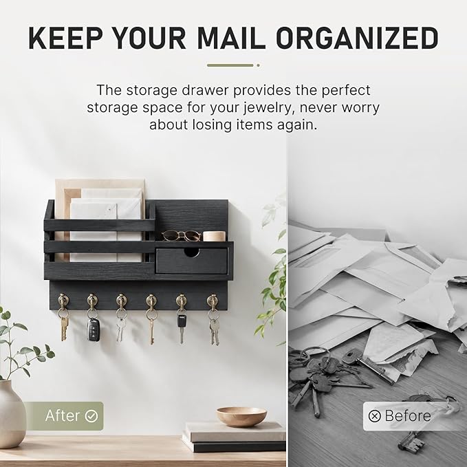 FifthQuarter Key and Mail Holder for Wall, Mail Organizer Wall Mount with 6 Hooks and Storage Drawer, Easy Installation Key Rack for Entryway and Home Decor (A-Black)
