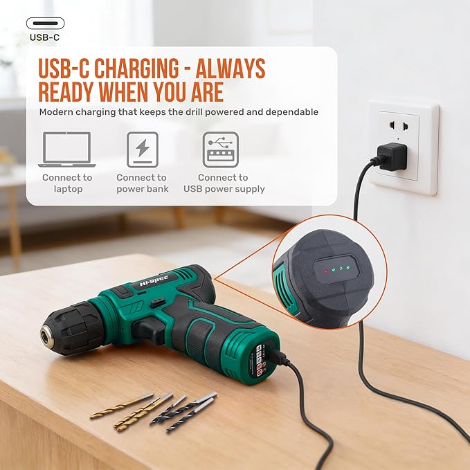 Hi-Spec 8V USB Power Drill Driver and Complete Home Tool Kit Set. Cordless & Rechargeable Electric Drill Driver and Compact Hand Toolbox Set, Green