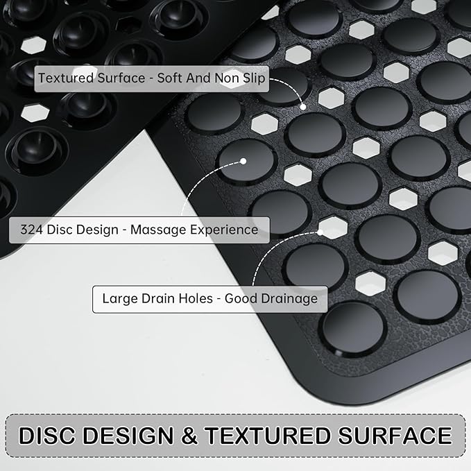 Non-Slip Bathtub and Shower Mats, Power Grip Bath Mat 35 x 16.3 Inch with Suction Cups and Drain Holes for Tub Bathroom Floor Safety, Machine Washable Soft Bathmat, Black