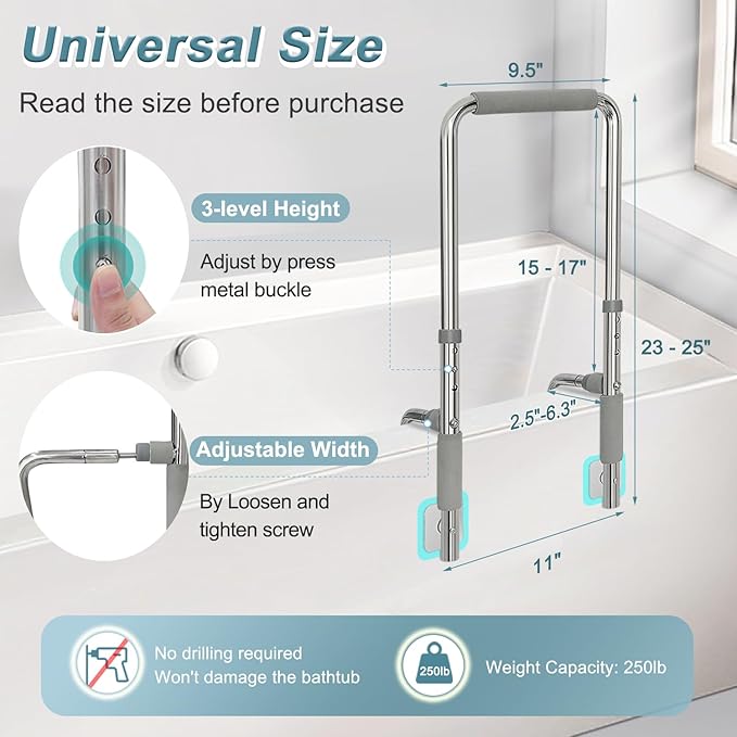 Bathtub Rails for Seniors Shower Grab Bars Clamp on Tub Rail Bath Tub Handles Heavy Duty Safety Support Bar Handicap Tub Bar for Elderly Help Getting Out of Bathtub No Drill Bathroom Grip Bars Devices