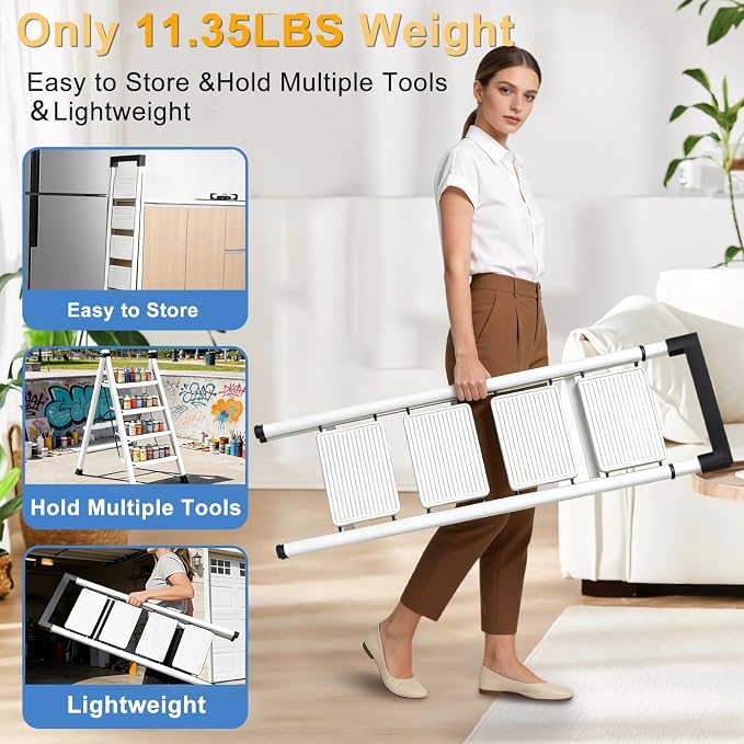 4 Step Ladder with Handrail Folding Step Stool with Tool Tray 500LBS Capacity Sturdy Carbon Steel Frame Anti-Slip Stripe Pedal for Home Kitchen Garage (white-4step)