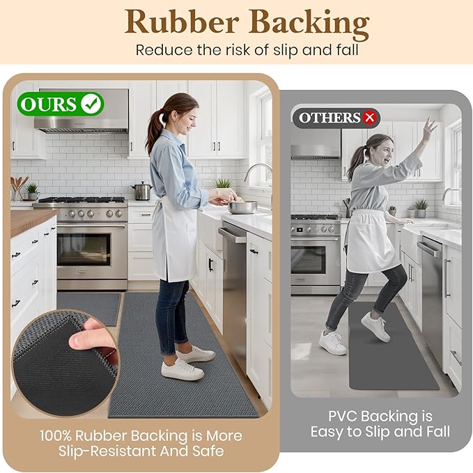 Kitchen Rugs and Mats, Non Slip Washable Set of 2 PCS, Absorbent Kitchen Mats for Floor, Kitchen Runner Rug, Rubber Backing, for Kitchen Decor, Front of Sink (Grey, 20’’*32’’+20’’*60’’)