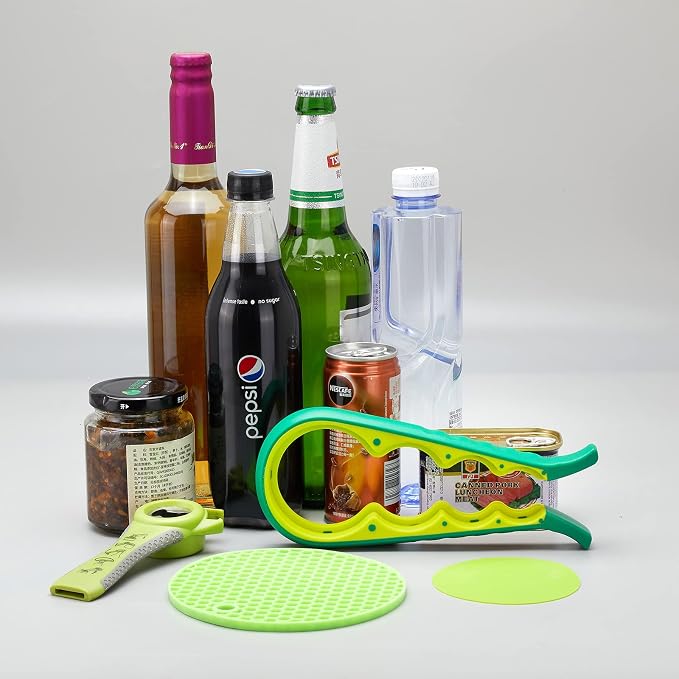Jar Bottle Opener for Weak Hands,4 &5 in 1 Multi Function Non-Slip Can Lid Opener Tools with Silicone Jar Gripper Pad,Suitable for Seniors,Children and Arthritic Hands (Fruit Green)