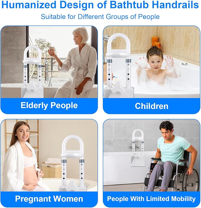 Adjustable Bathtub Safety Rail - Non-Slip Shower Grab Bar Handle, Bathtub Grab bar, Fits 3.15"-6.69" Walls, 300lbs Support, Sturdy Bathtub Safety Rail for Elderly & Disabled