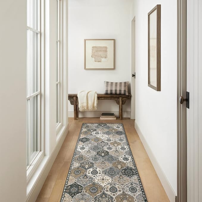 Lahome Moroccan Kitchen Runner Rug, 2'5''x8' Ultra-Thin Soft Washable Runner Oriental Non-Slip Hallway Rug Indoor Throw Carpet for Entryway Bedroom Laundry Room Foyer Elise, Grey
