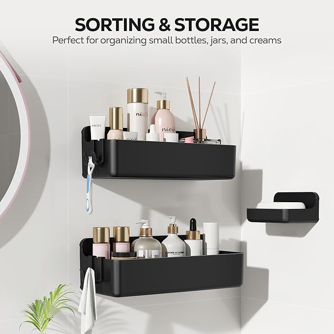 Nieifi Adhesive Wall Shelf, Shower Shelves, Shower Organizer for Bathroom Organization (Black, 3 pieces)