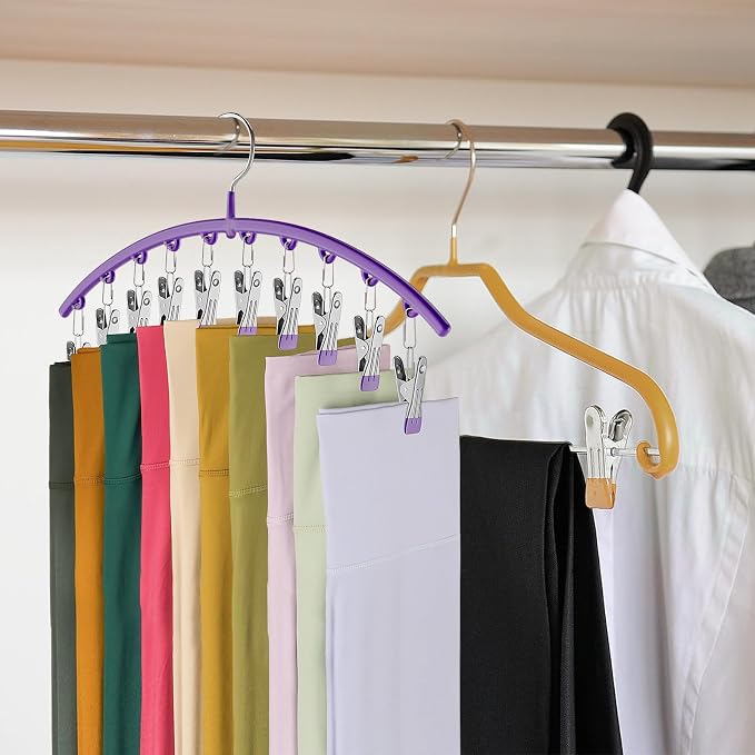 Legging Organizer for Closet, Metal Yoga Pants Hanger w/Rubber Coated 2 Pack w/10 Clips Hold 20 Leggings, Hangers Space Saving Hanging Hangers for Closet Organizers and Storage-Purple