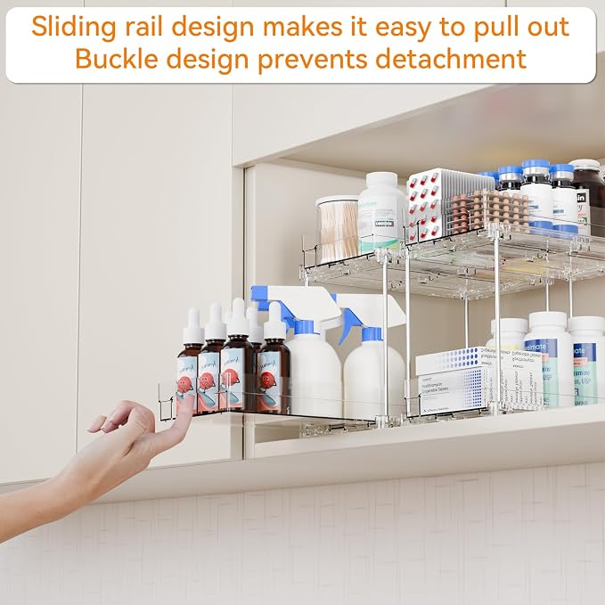 2 Set,2 Tier Pull Out Cabinet Organizer for Supplement and Medication Bottle Organizers,10.4" Deep Pantry Organizers Drawer and Sliding Clear Under Sink Organizer for Bathroom Vanity and Under Counter