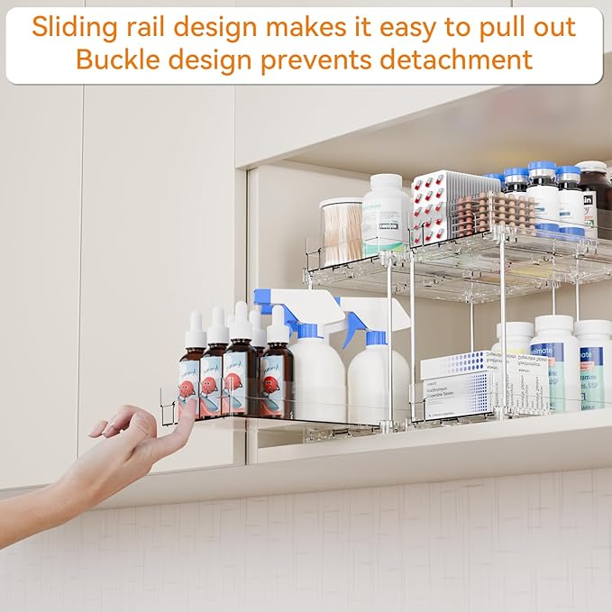 Yieach 4 Set Bathroom Organizers and Storage,2 Tier Clear Under Sink Organizer and Medicine Cabinet Organizer for Kitchen,Pantry Storage,Pull Out Drawers for Skincare,Pill Bottle,Spice Organization