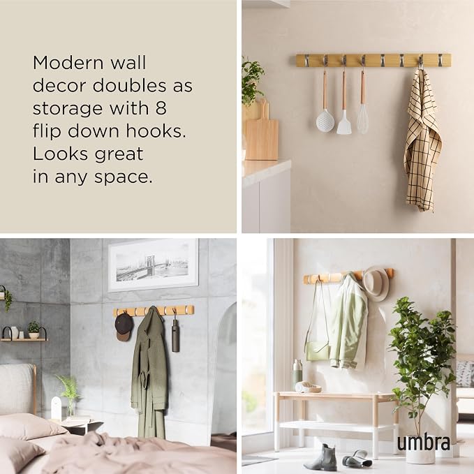 Umbra Flip Wall-Mounted Coat Rack with 8 Hooks – Modern, Space-Saving Storage for Hats, Jackets, Bags, Entryway, Mudroom, Closet, Bathroom, Bedroom – Natural/Nickel