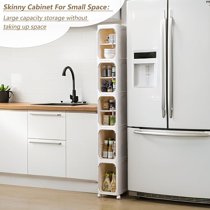 LXLXXL 5-Tier Narrow Storage Cabinet Slim Bathroom Storage Cabinet with Movable Wheels Tall Bathroom Organizer Skinny Cabinet for Small Spaces，Beige